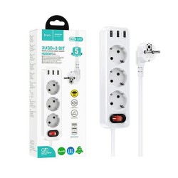 Hoco Extension Cord NS2 with 3 Sockets+3 USB-A (2.4A) and Switch 1.8m (EU) White Hoco Extension Cord NS2 with 3 Sockets+3 USB-A (2.4A) and Switch 1.8m (EU) White
